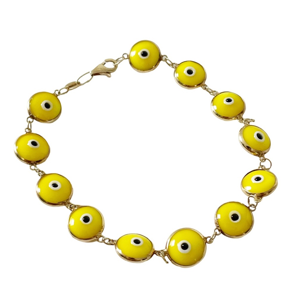 14k yellow gold yellow glass evil eye vintage bracelet - Picture 1 of 12